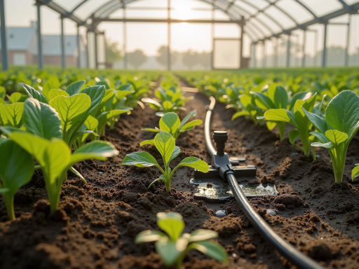 农业大棚顶部太阳能板安装特写，透明农业大棚结构，太阳能板架设在棚顶，绿色农作物背景