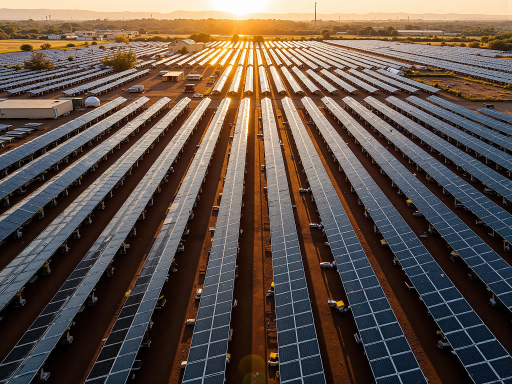 大型商业园区屋顶太阳能板阵列，数百块太阳能板密集排列成阵，现代工业建筑背景，晴朗天气