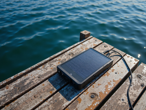 移动设备太阳能充电装置，便携式太阳能板折叠展开状态，户外露营环境，阳光充足